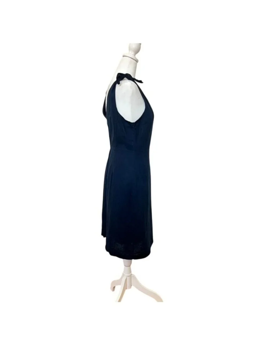 Classic Linen Sleeveless Navy Midi Dress V-Neckline Chic Twee Minimalist Sz 8 - Picture 3 of 16